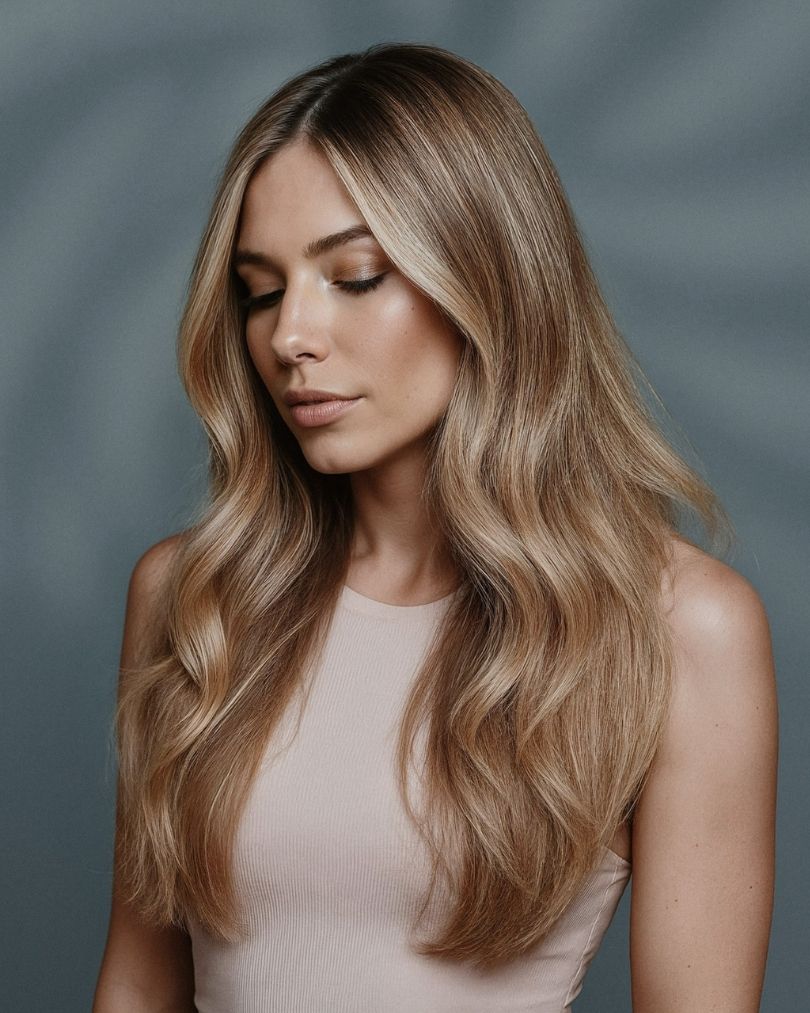 Modèle avec une coloration blond contouring et un balayage fondu sur cheveux longs, formation technique Cyléa Formations.